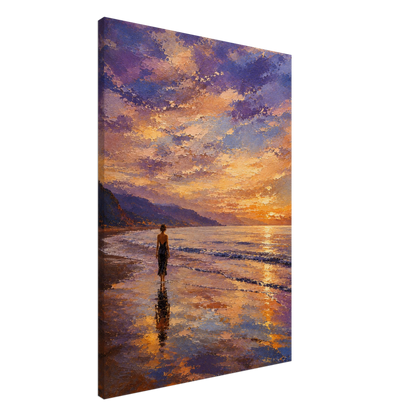 Gallery-wrapped canvas detail of The Shore with sunset reflections, wet sand and artwork continuing around the edges.