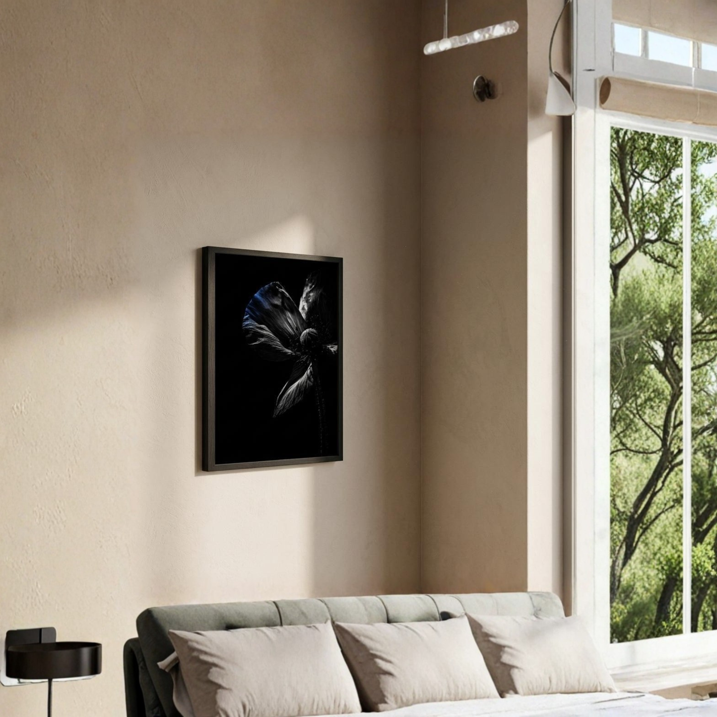 Framed fine art print titled "DESCENT I — CONTROL" by LunarHeartCo, 50x70 cm, showcasing abstract artwork in a sleek frame.
