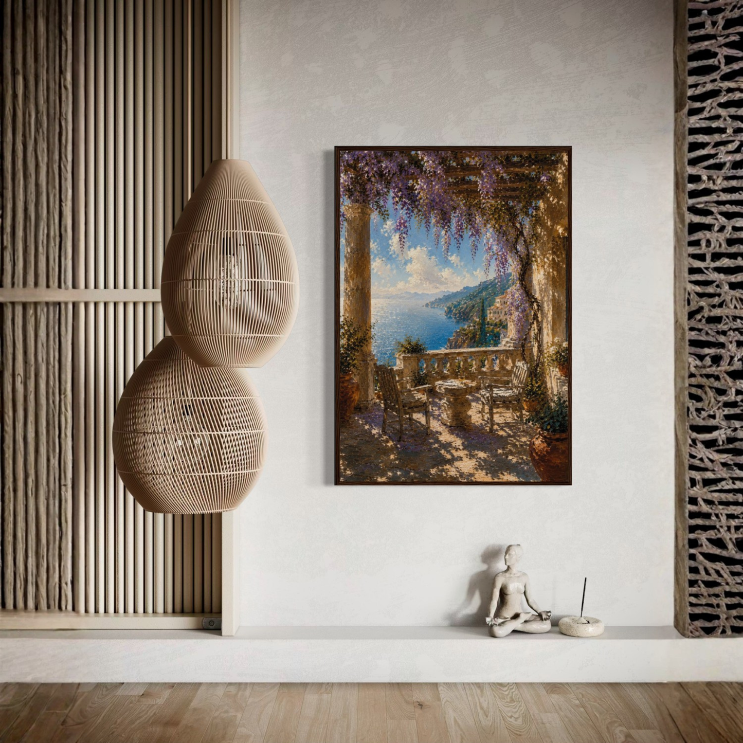 Framed wall art print titled "The Terrace" featuring Mediterranean scenery, by LunarHeartCo, showcasing vibrant coastal landscapes.
