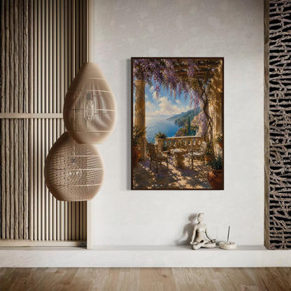 Framed wall art print titled "The Terrace" featuring Mediterranean scenery, by LunarHeartCo, showcasing vibrant coastal landscapes.