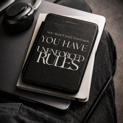 LunarHeartCo Rule I phone case featuring an unenforced reading object design, fitted on a smartphone with a colorful pattern.