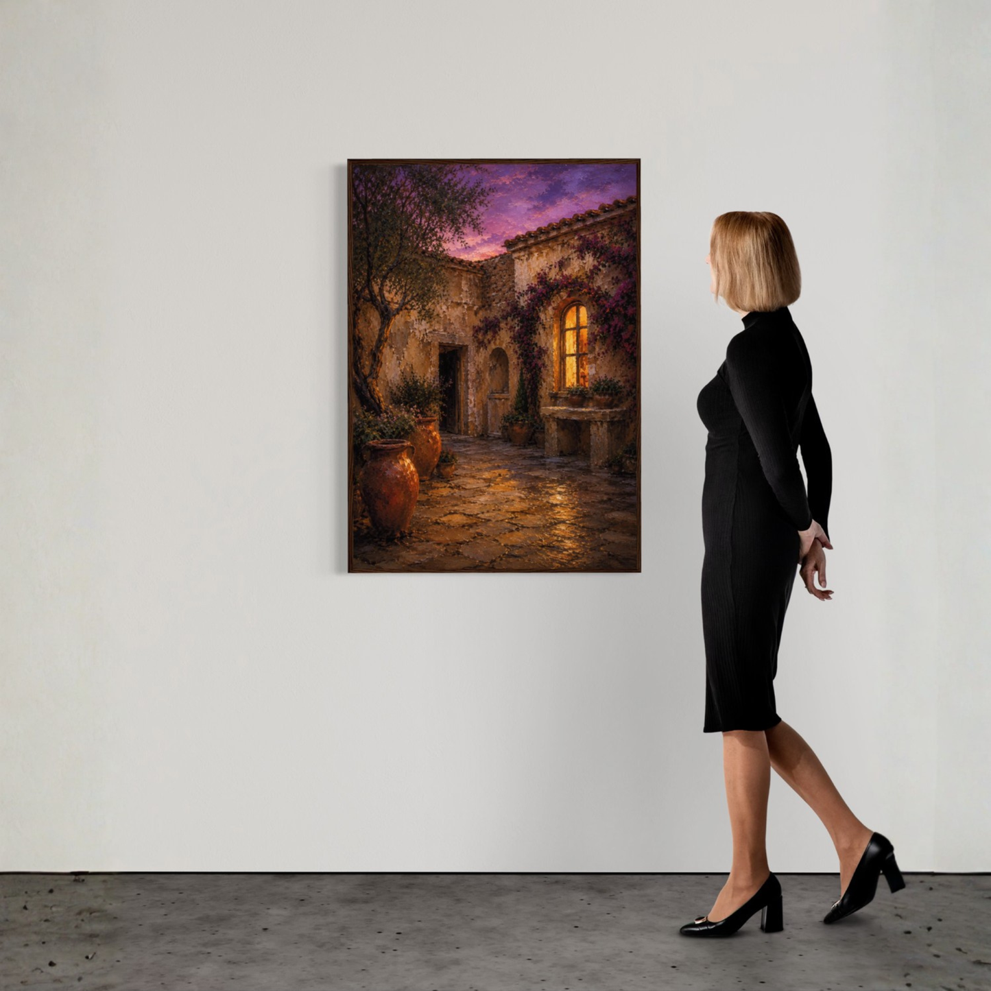 Mediterranean courtyard wall art showing weathered stone, terracotta pots, bougainvillea, and a glowing window at night.