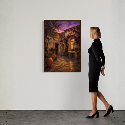 Mediterranean courtyard wall art showing weathered stone, terracotta pots, bougainvillea, and a glowing window at night.