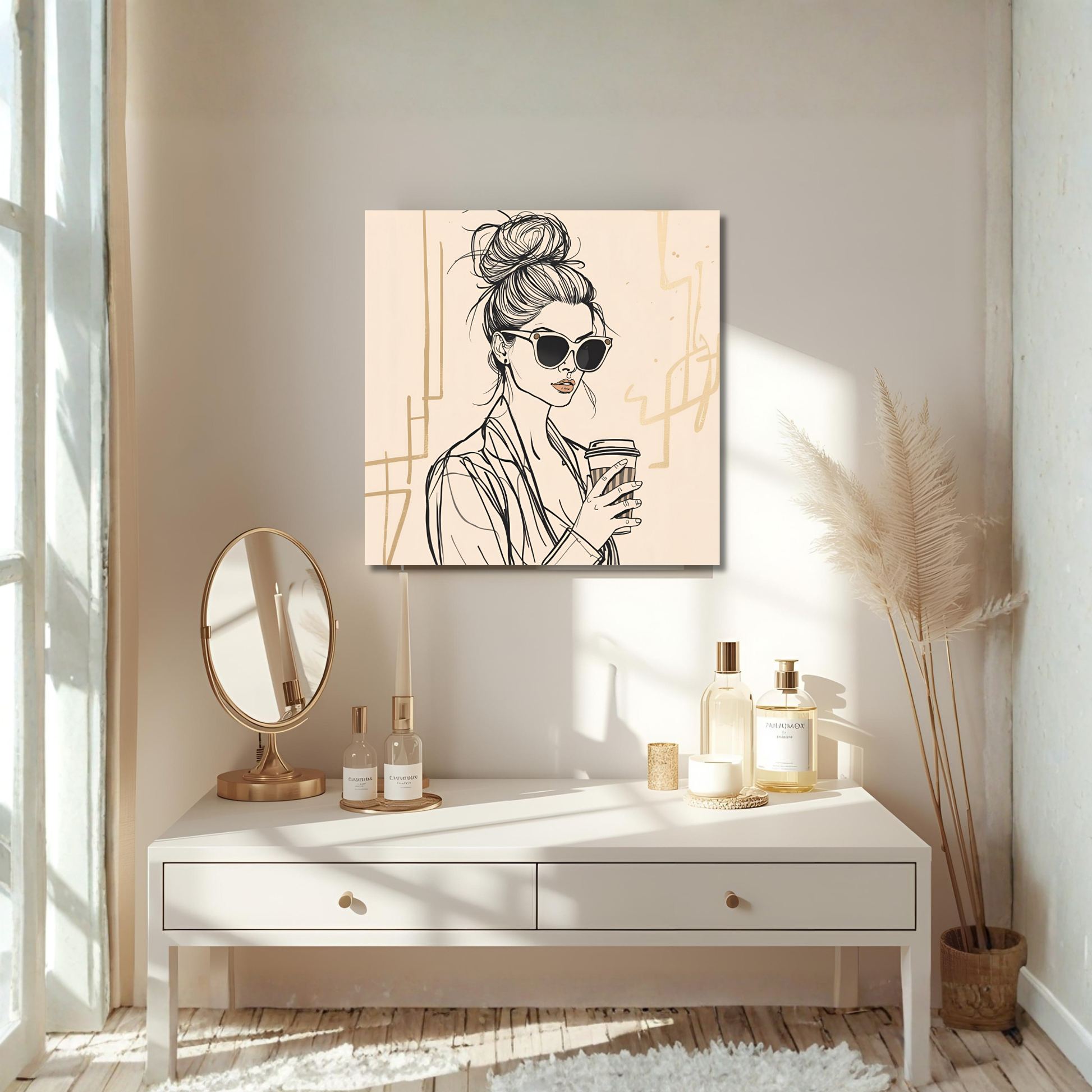 Beige Line-Art Coffee Girl – 16×16 Fashion Illustration Canvas Wall Art - LunarHeartCo