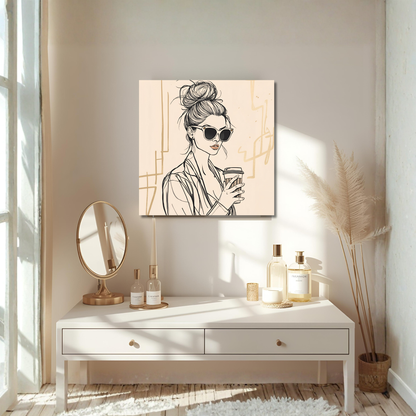 Beige Line-Art Coffee Girl – 16×16 Fashion Illustration Canvas Wall Art - LunarHeartCo