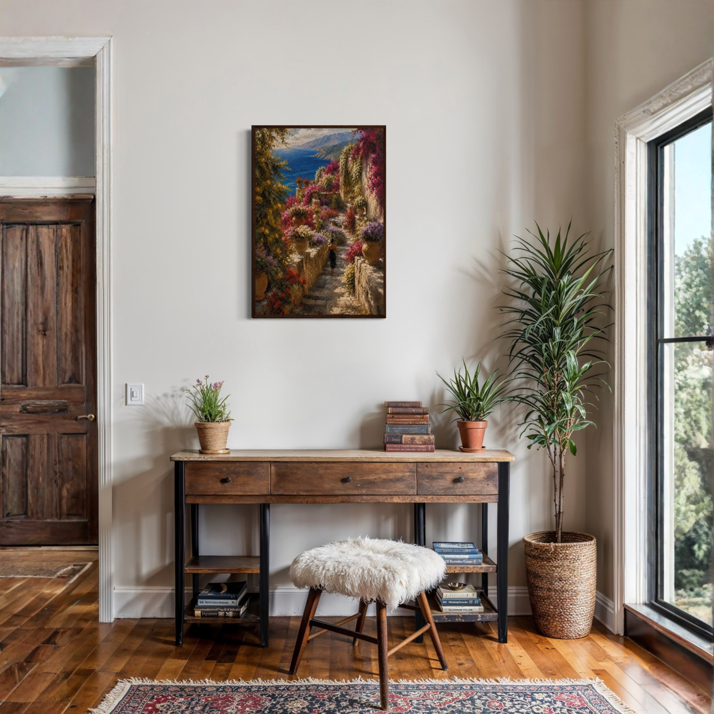 Framed art print titled "The Garden" by LunarHeartCo, featuring a vibrant Mediterranean-inspired garden scene in a sleek frame.