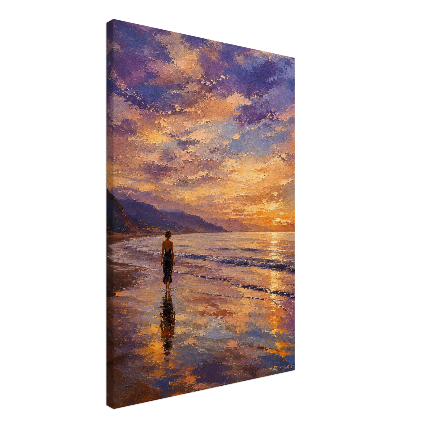 Gallery-wrapped canvas detail of The Shore with sunset reflections, wet sand and artwork continuing around the edges.