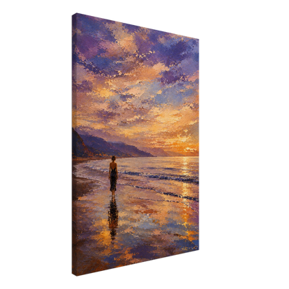Gallery-wrapped canvas detail of The Shore with sunset reflections, wet sand and artwork continuing around the edges.