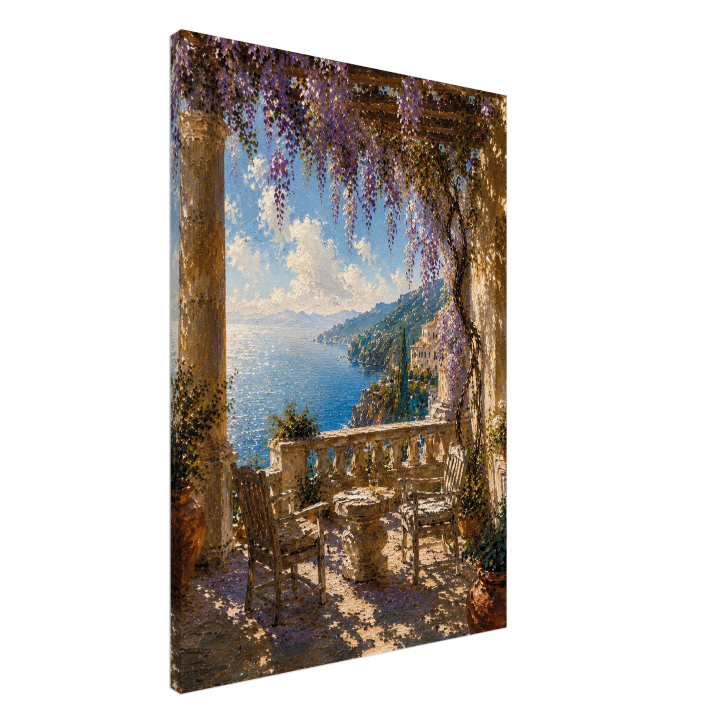 Gallery-wrapped canvas detail of The Terrace with wisteria, sunlit stone and artwork continuing around the edges.