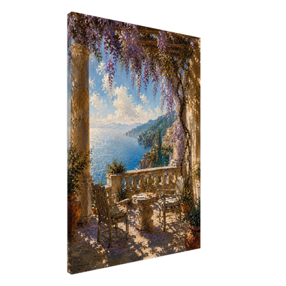 Gallery-wrapped canvas detail of The Terrace with wisteria, sunlit stone and artwork continuing around the edges.