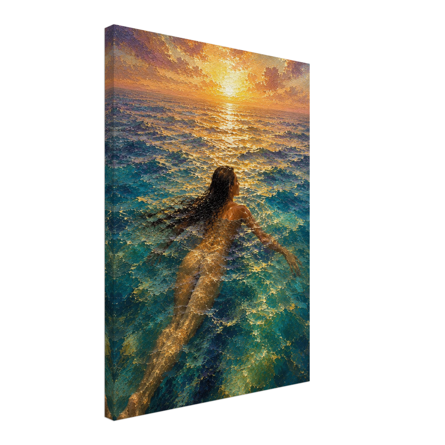 Gallery-wrapped canvas detail of The Current with turquoise water, golden sunset reflection and artwork continuing around the edges.