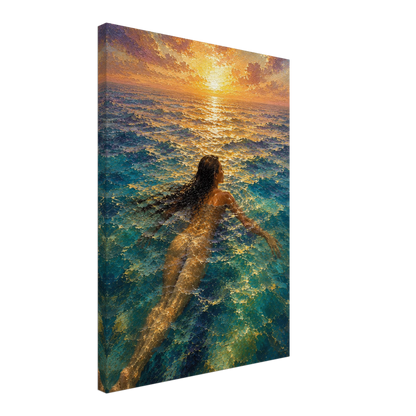 Gallery-wrapped canvas detail of The Current with turquoise water, golden sunset reflection and artwork continuing around the edges.