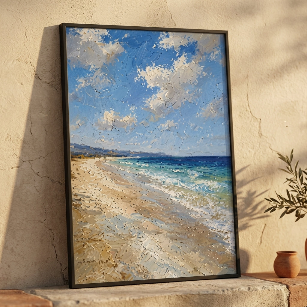 Close-up of Mediterranean coastal wall art with pale beach, blue water, soft clouds and painterly texture.