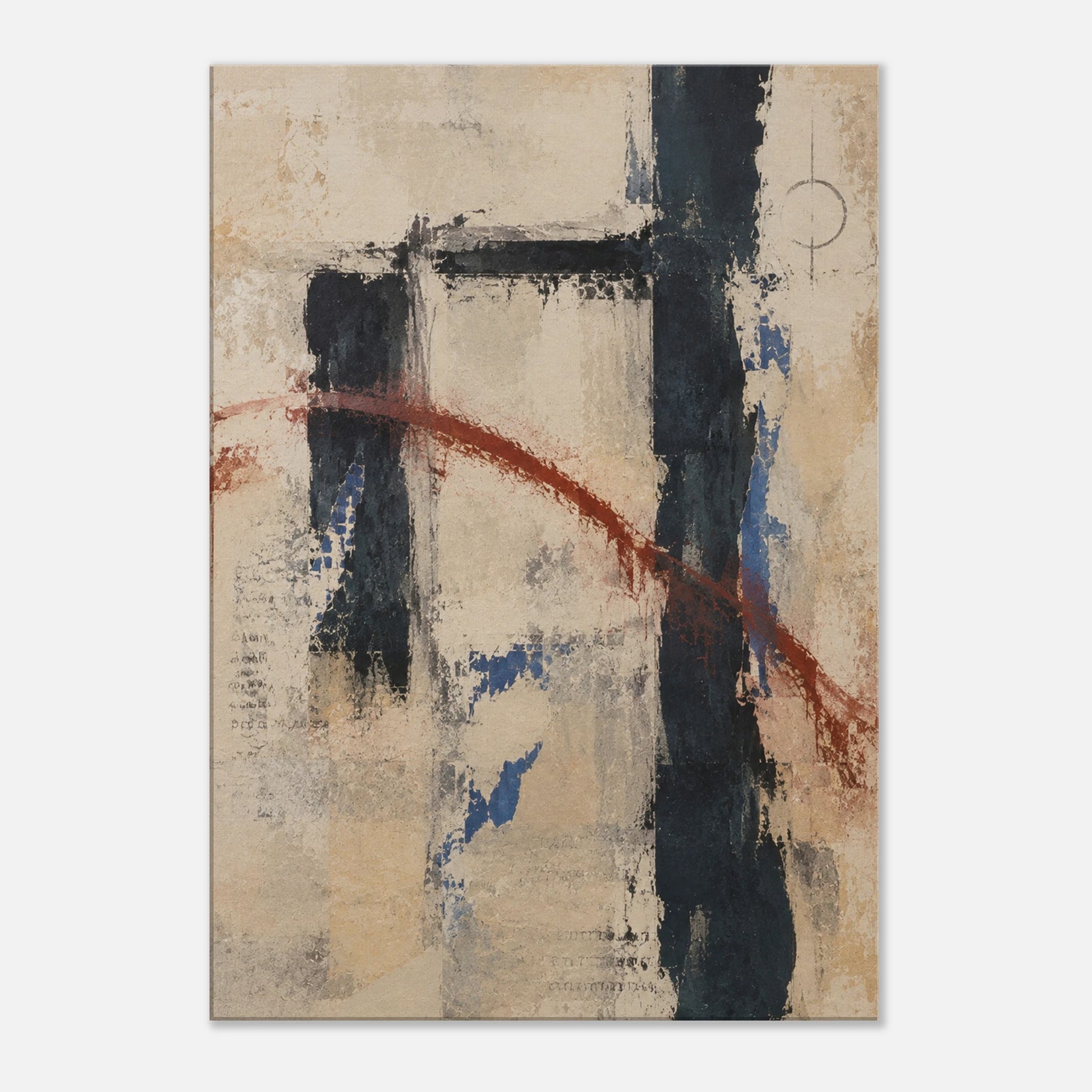 Boundary neutral abstract canvas art with dark structural marks, muted blue details and a sweeping rust-red line.