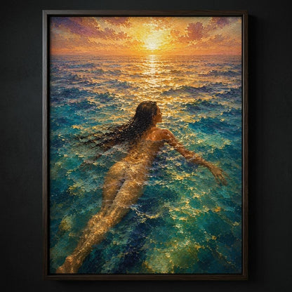 Close-up of Mediterranean sea wall art with turquoise water, golden sunset reflection, painterly texture and a lone figure swimming.