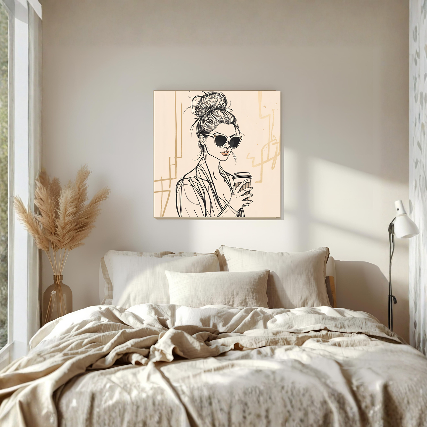 Beige Line-Art Coffee Girl – 16×16 Fashion Illustration Canvas Wall Art - LunarHeartCo