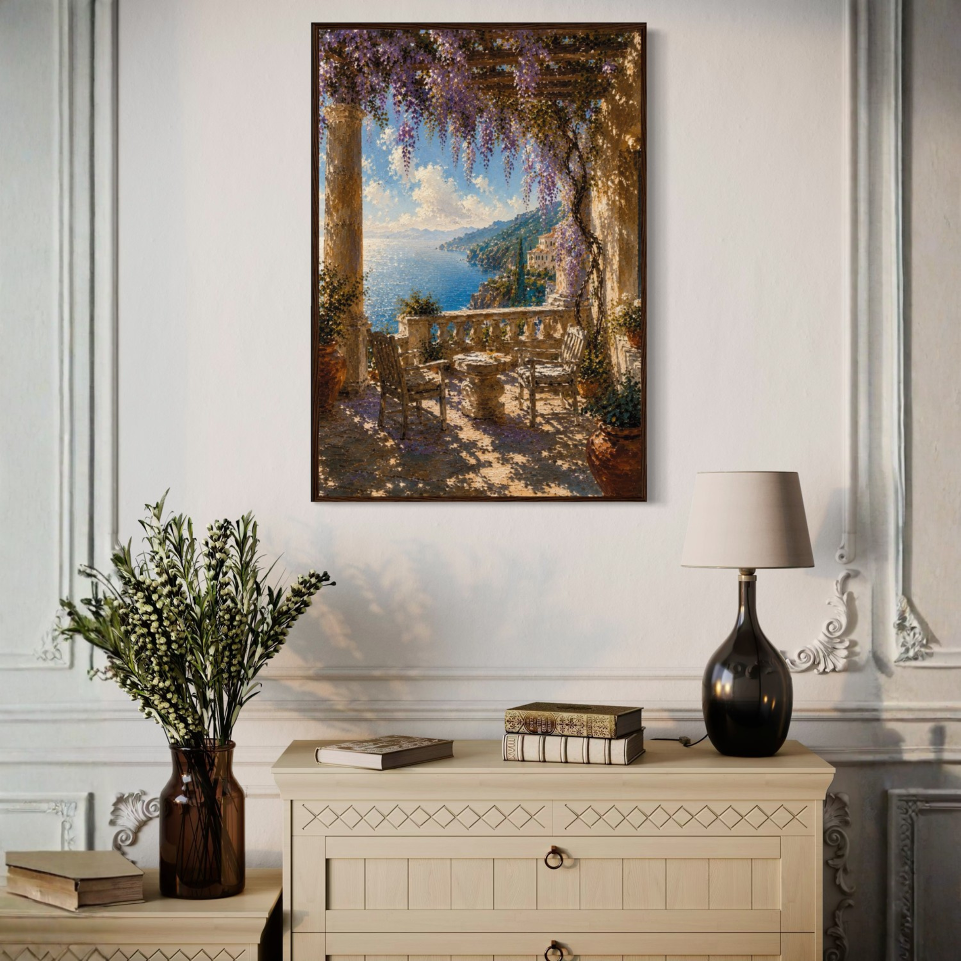 Framed wall art print of Mediterranean studies titled "The Terrace" by LunarHeartCo, featuring a scenic terrace scene in warm tones.