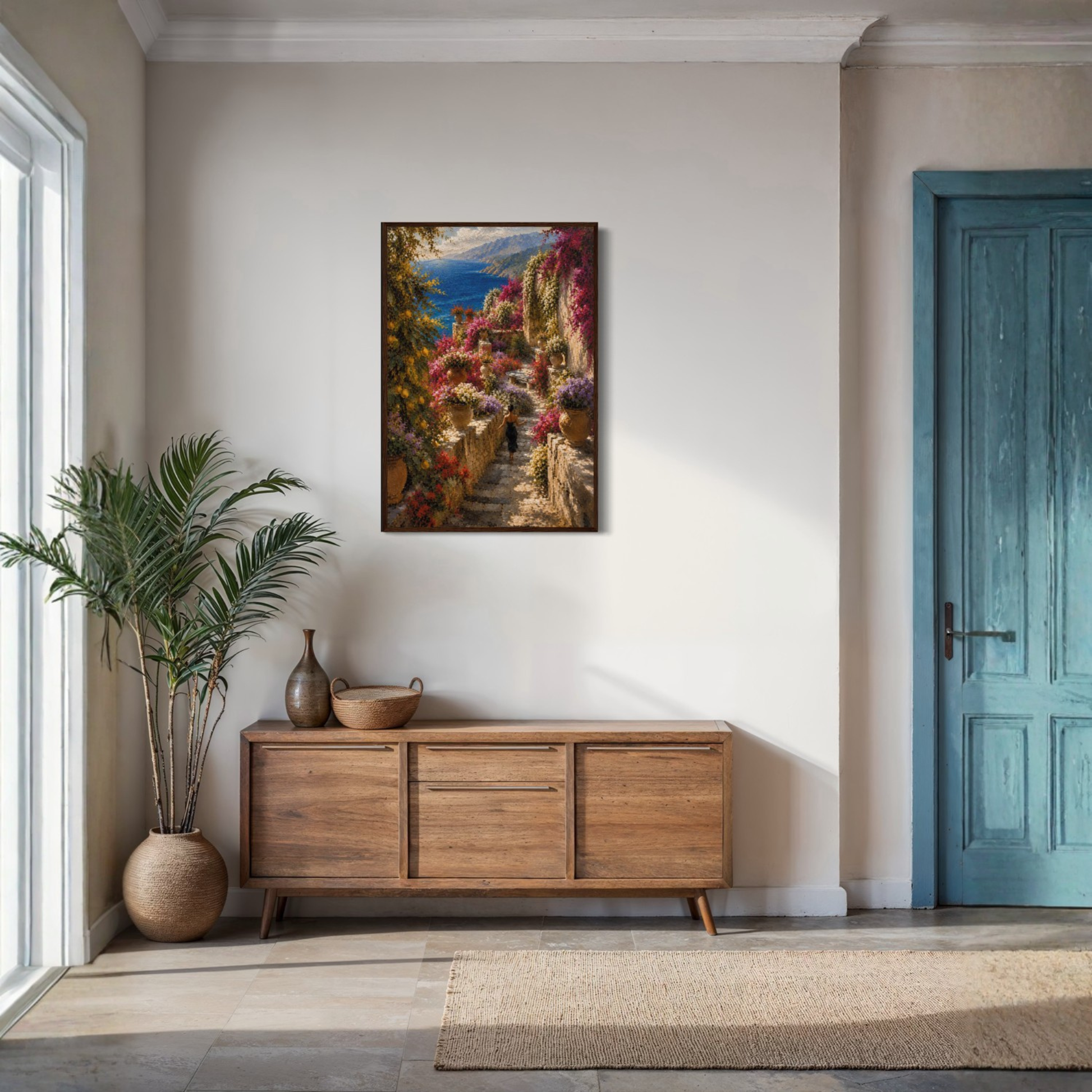 Framed art print of a Mediterranean garden scene by LunarHeartCo, showcasing lush greenery and vibrant colors.