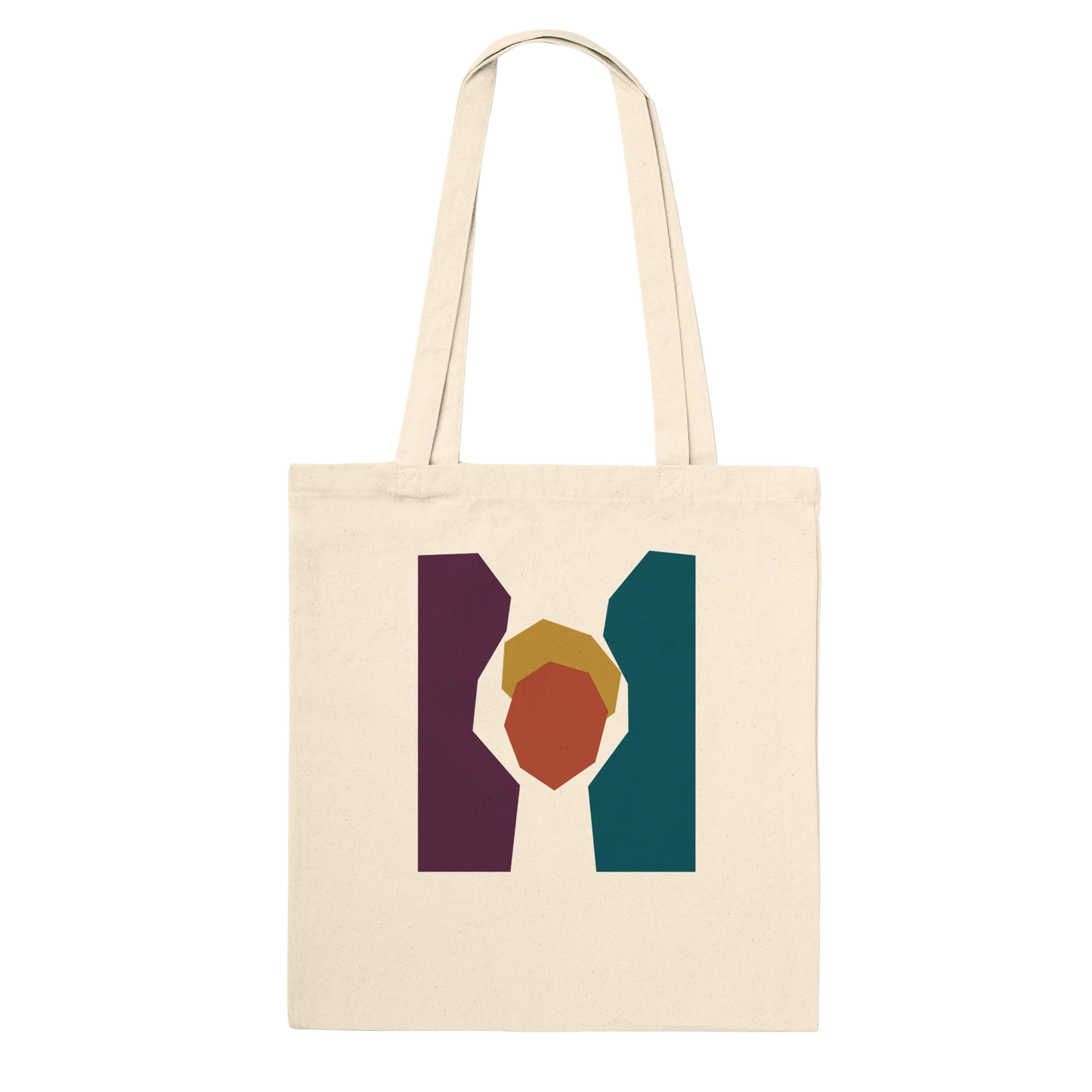 THE KEEPING natural cotton tote bag with aubergine, petrol, ochre and burnt-sienna abstract artwork