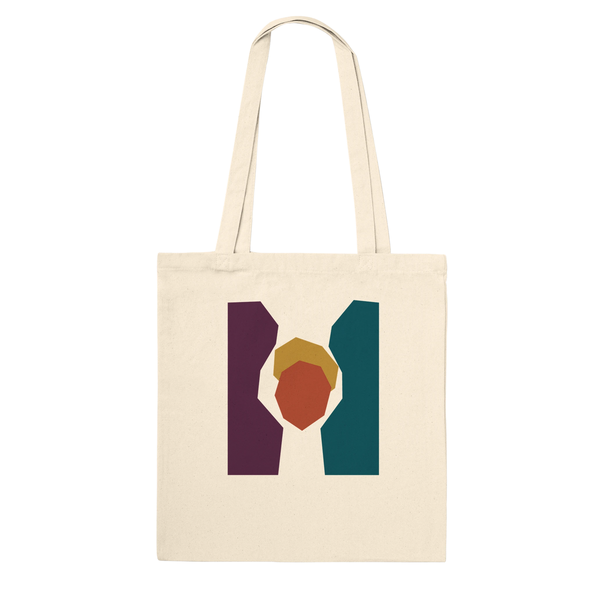 THE KEEPING natural cotton tote bag with aubergine, petrol, ochre and burnt-sienna abstract artwork
