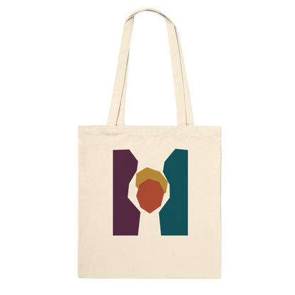 THE KEEPING natural cotton tote bag with aubergine, petrol, ochre and burnt-sienna abstract artwork