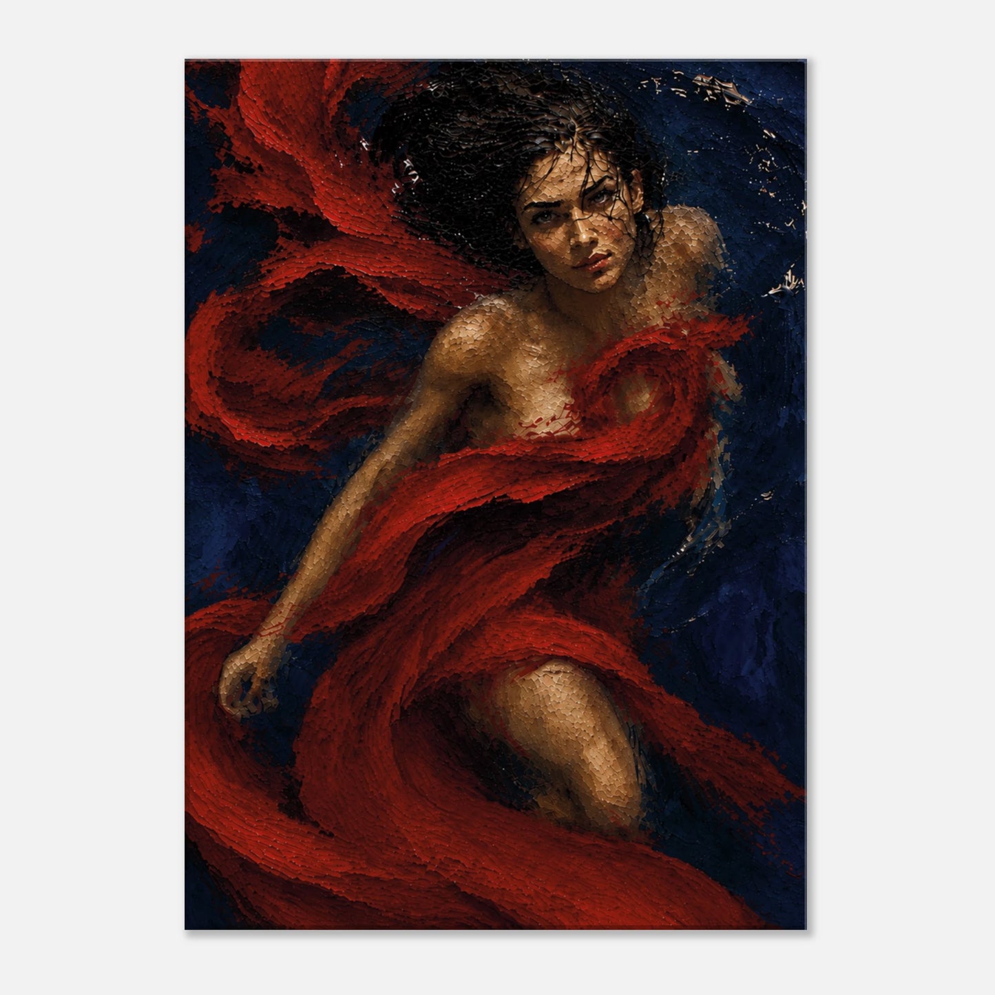 Crimson Undertow underwater woman canvas art with red fabric moving through deep cobalt water.