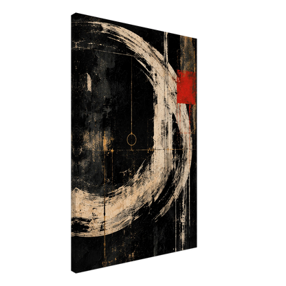 Angled view of Orbit gallery-wrapped canvas with black, ivory, red and gold abstract details.