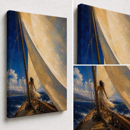 Close-up mockup of The Sail showing the woman, sailboat and sweeping ivory sail.