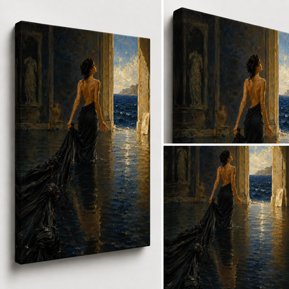 The Passage gallery-wrapped canvas shown from multiple angles with dark interior tones and sea light.