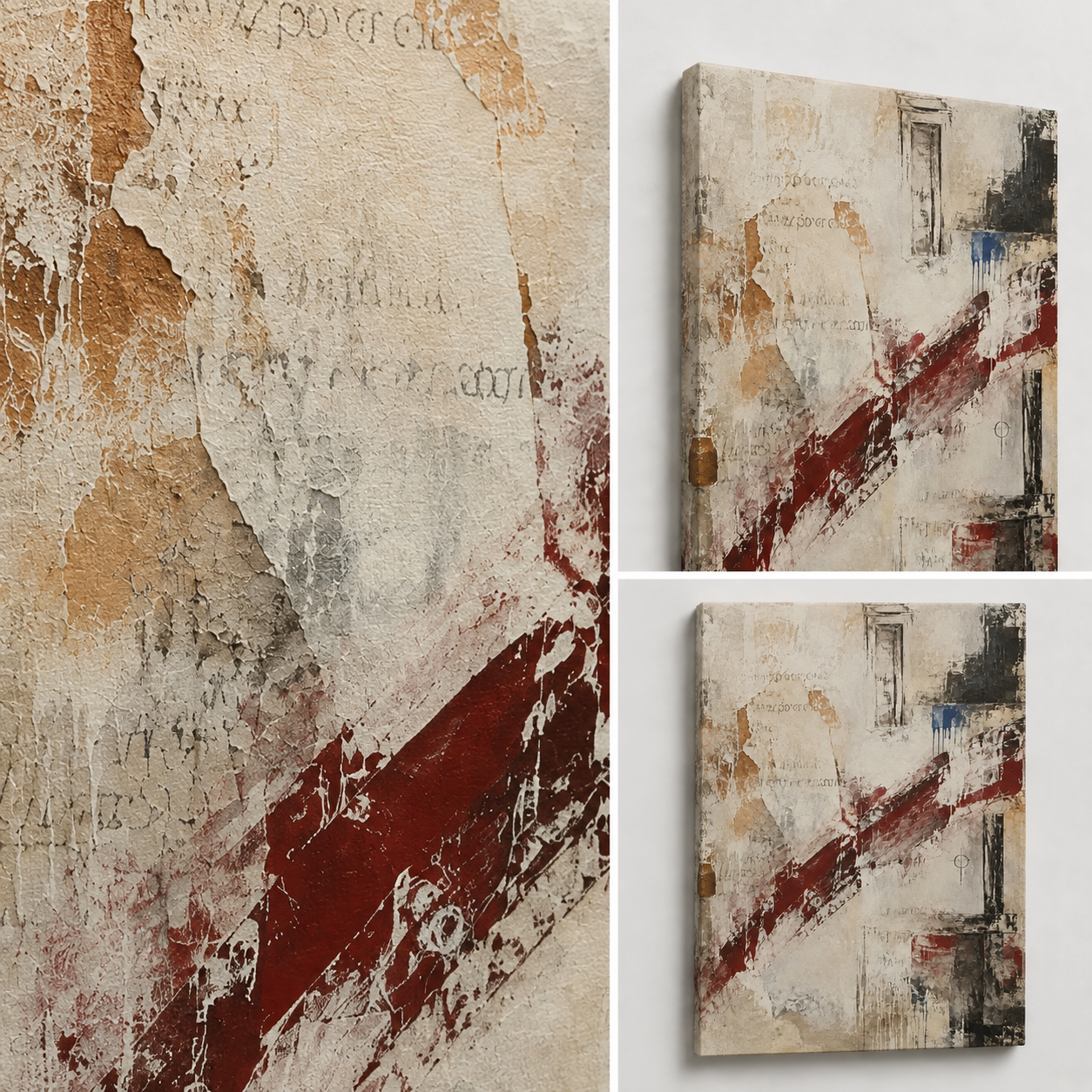 Close-up details of What Remains showing layered neutral textures and the burgundy diagonal gesture.