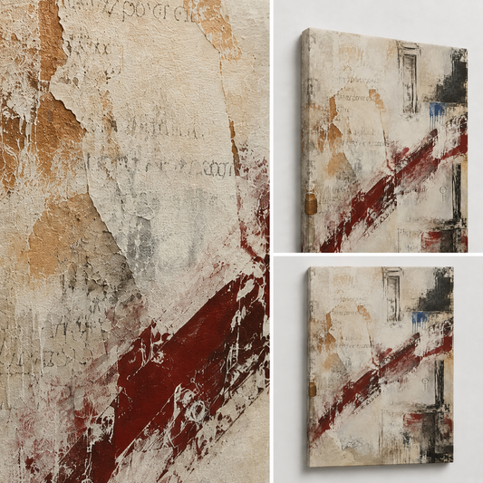 Close-up details of What Remains showing layered neutral textures and the burgundy diagonal gesture.