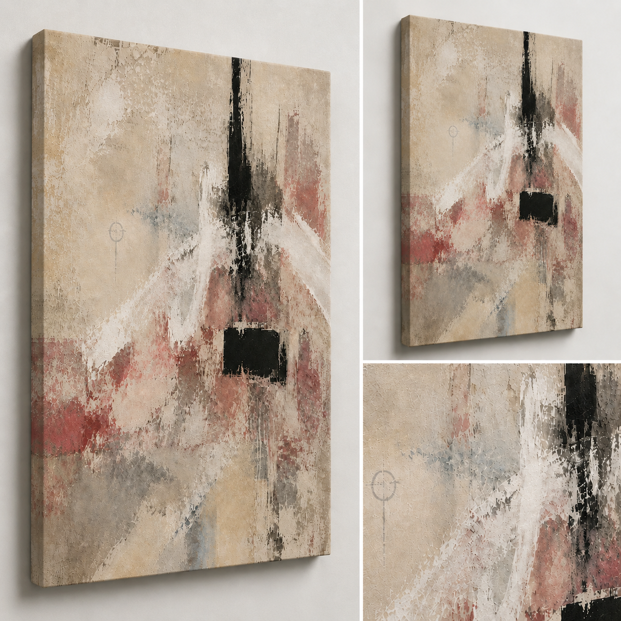 Close-up details of The Unsaid showing distressed neutral texture, faded burgundy passages and dark structural marks.