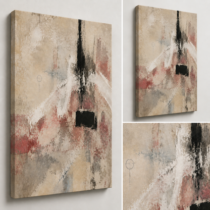 Close-up details of The Unsaid showing distressed neutral texture, faded burgundy passages and dark structural marks.