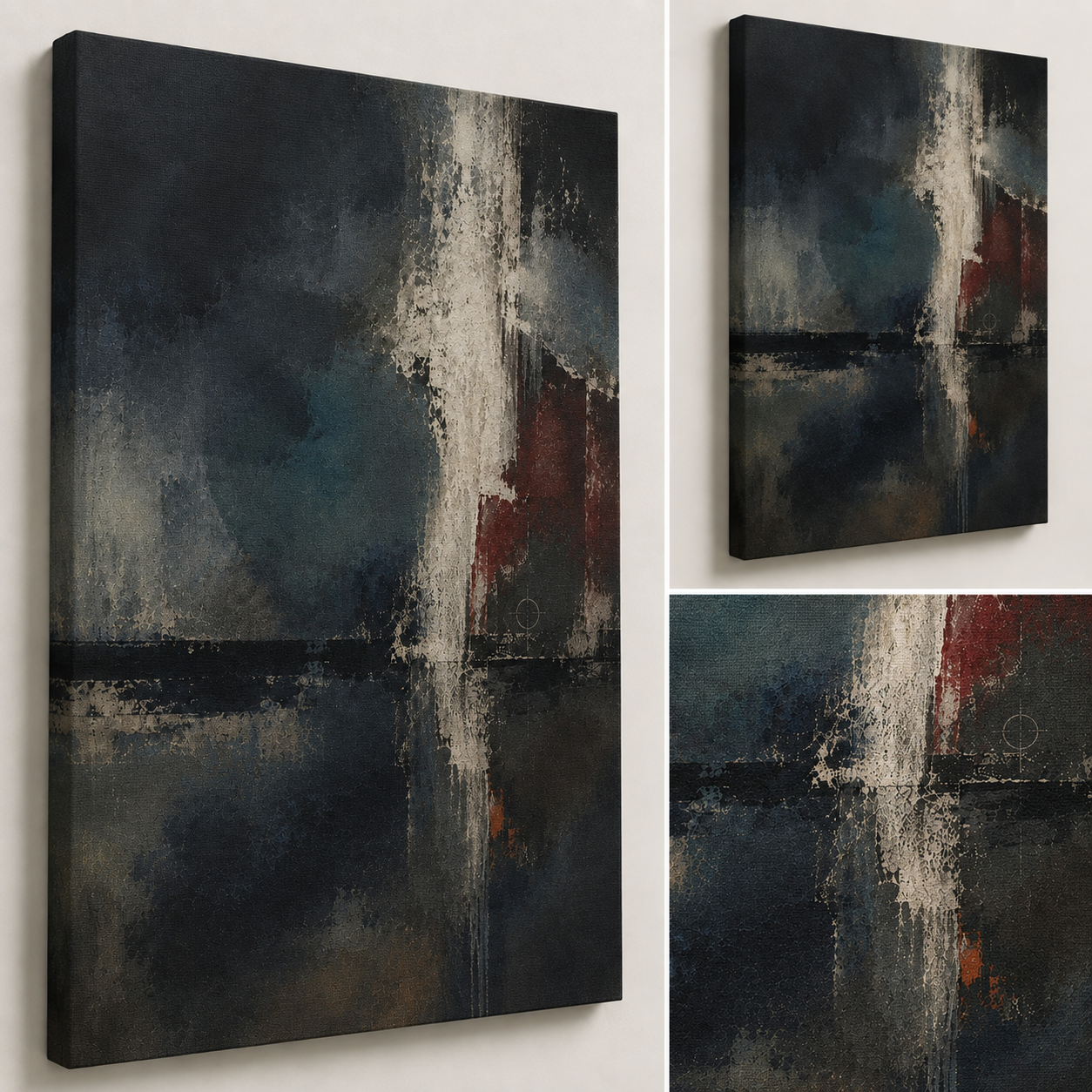 Close-up and angled views of Night Signal showing layered charcoal, mineral blue, ivory and burgundy texture.