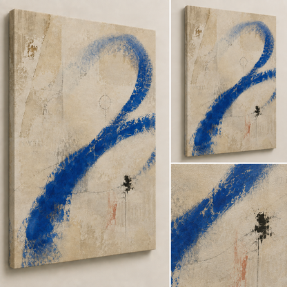 Close-up and angled views of Proof of Life showing textured cobalt pigment and layered neutral surface details.
