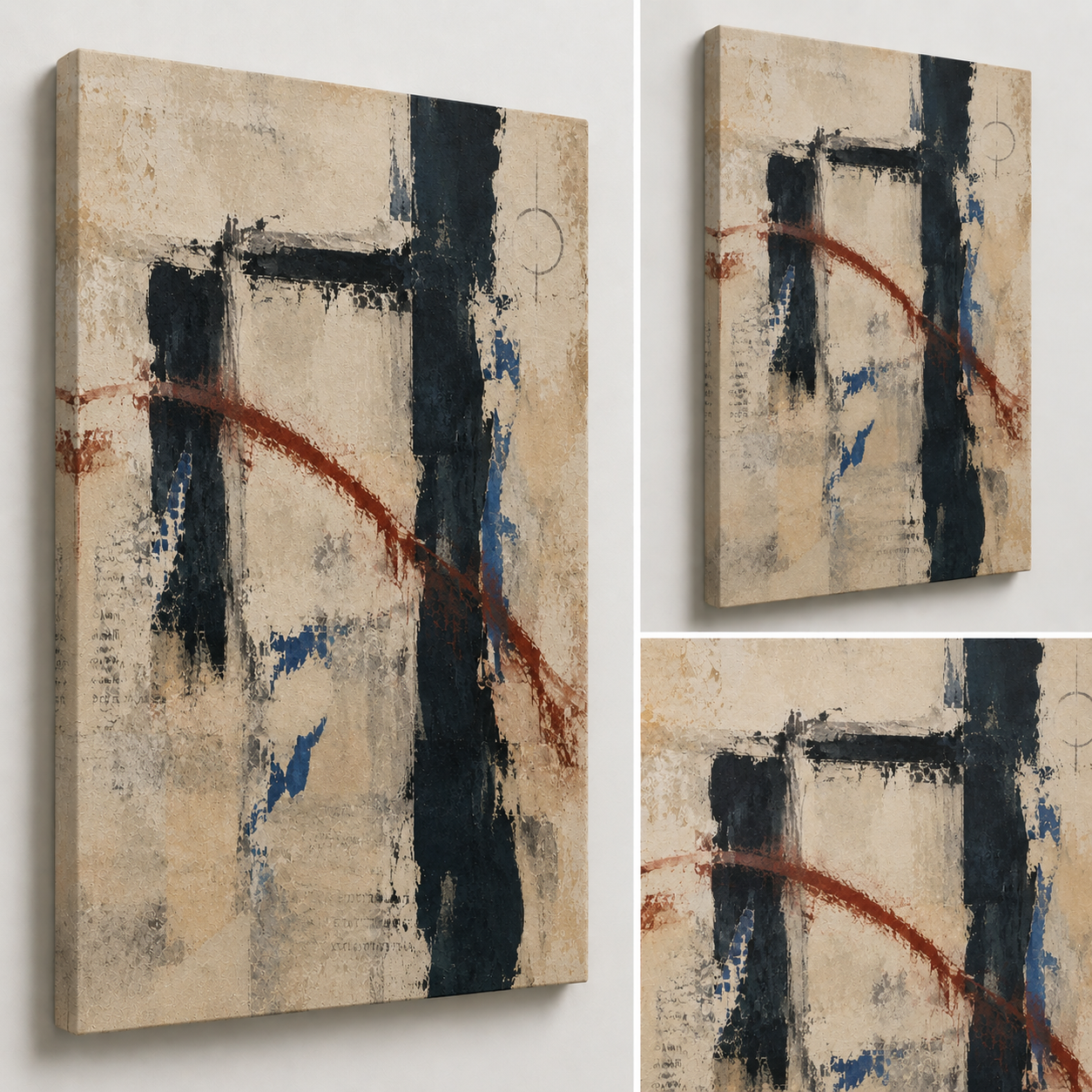 Close-up views of Boundary showing layered mineral texture, charcoal brushwork and the rust-red curved gesture.