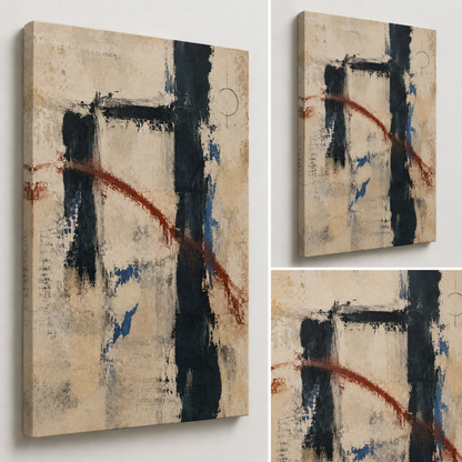 Close-up views of Boundary showing layered mineral texture, charcoal brushwork and the rust-red curved gesture.