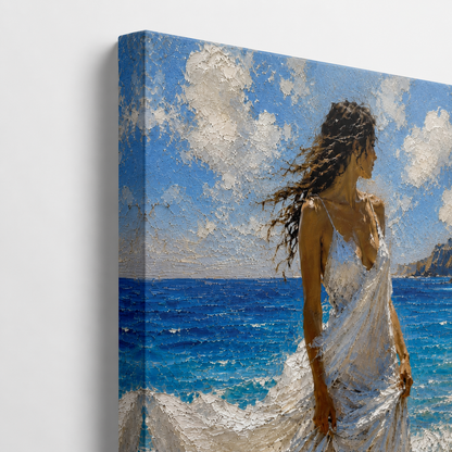 Gallery-wrapped canvas detail of Windswept with blue sea, white fabric and artwork continuing around the edges.
