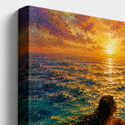 Gallery-wrapped canvas detail of The Current with turquoise water, golden sunset reflection and artwork continuing around the edges.