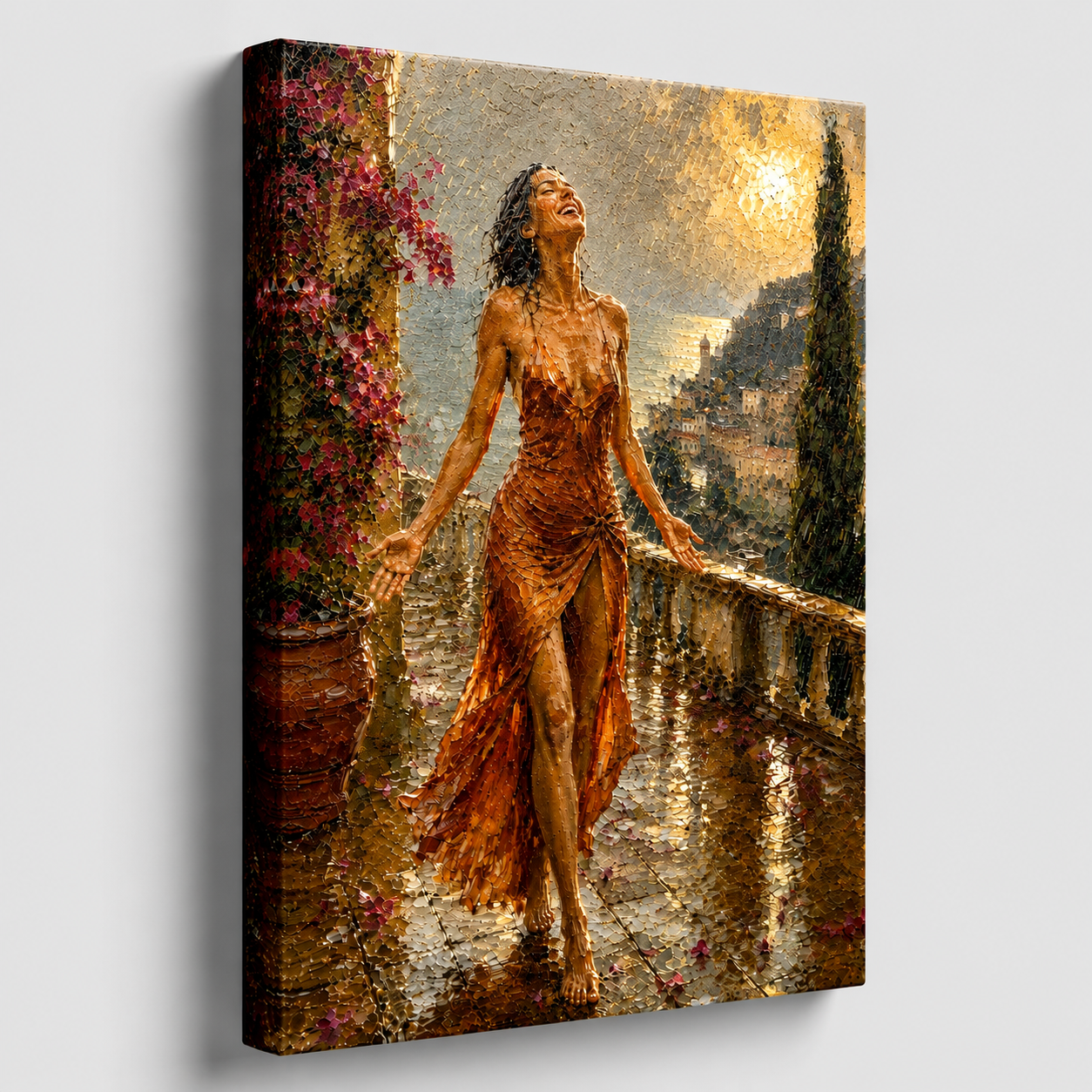 Gallery-wrapped canvas detail of The Sunshower with rain, terracotta fabric and artwork continuing around the edges.