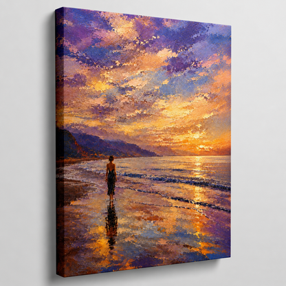 Gallery-wrapped canvas detail of The Shore with sunset reflections, wet sand and artwork continuing around the edges.