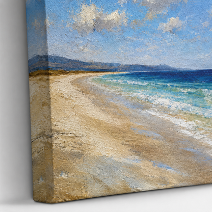 Close-up of painterly Mediterranean canvas art with pale shoreline, blue water, soft clouds and textured coastal light.