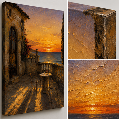 Gallery-wrapped canvas detail of The Hour with golden sunset light, stone terrace and artwork continuing around the edges.