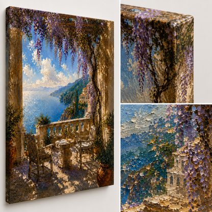 Close-up of painterly Mediterranean canvas art with cascading wisteria, stone terrace, sea view and textured coastal light.