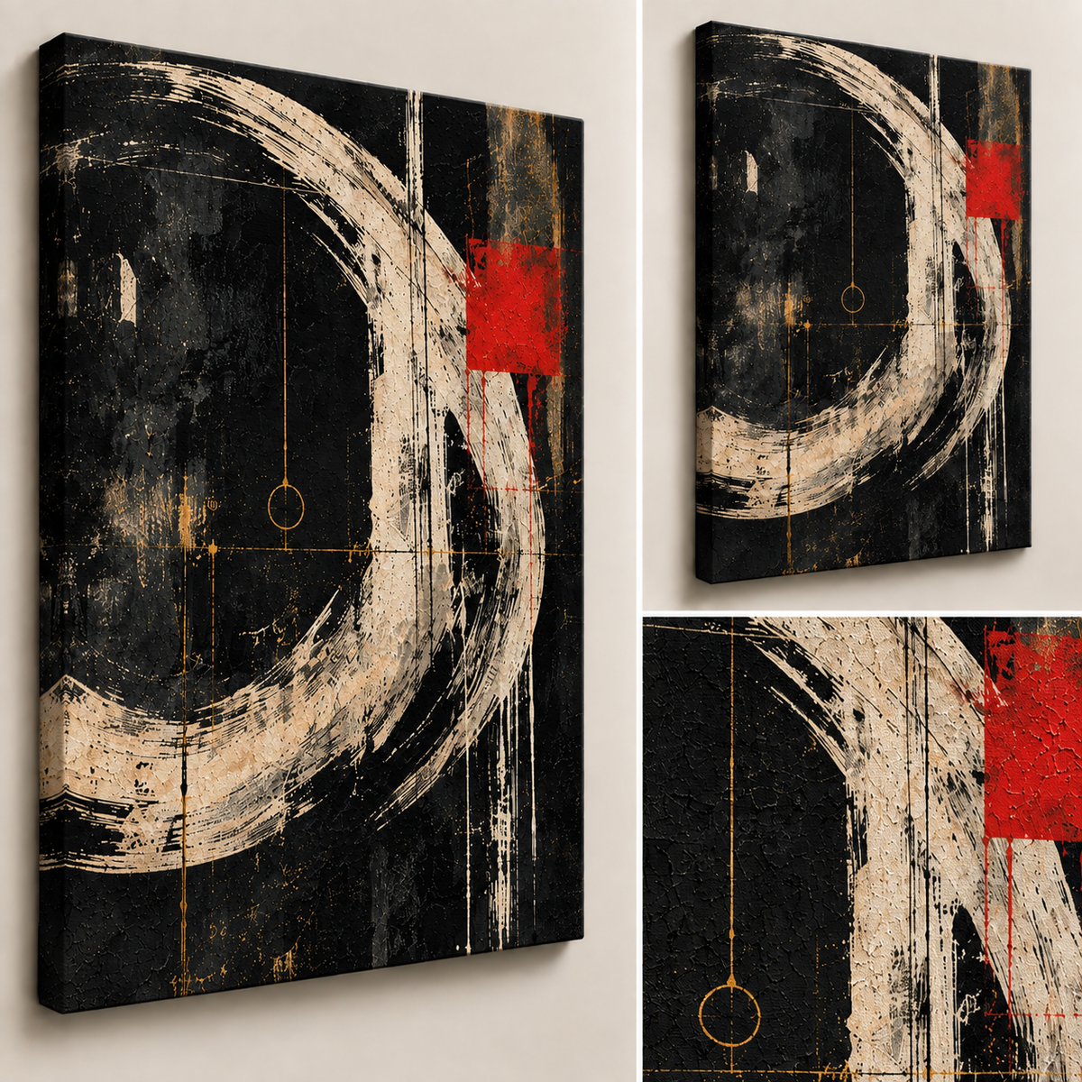 Orbit black and ivory abstract canvas art displayed in a refined contemporary interior.