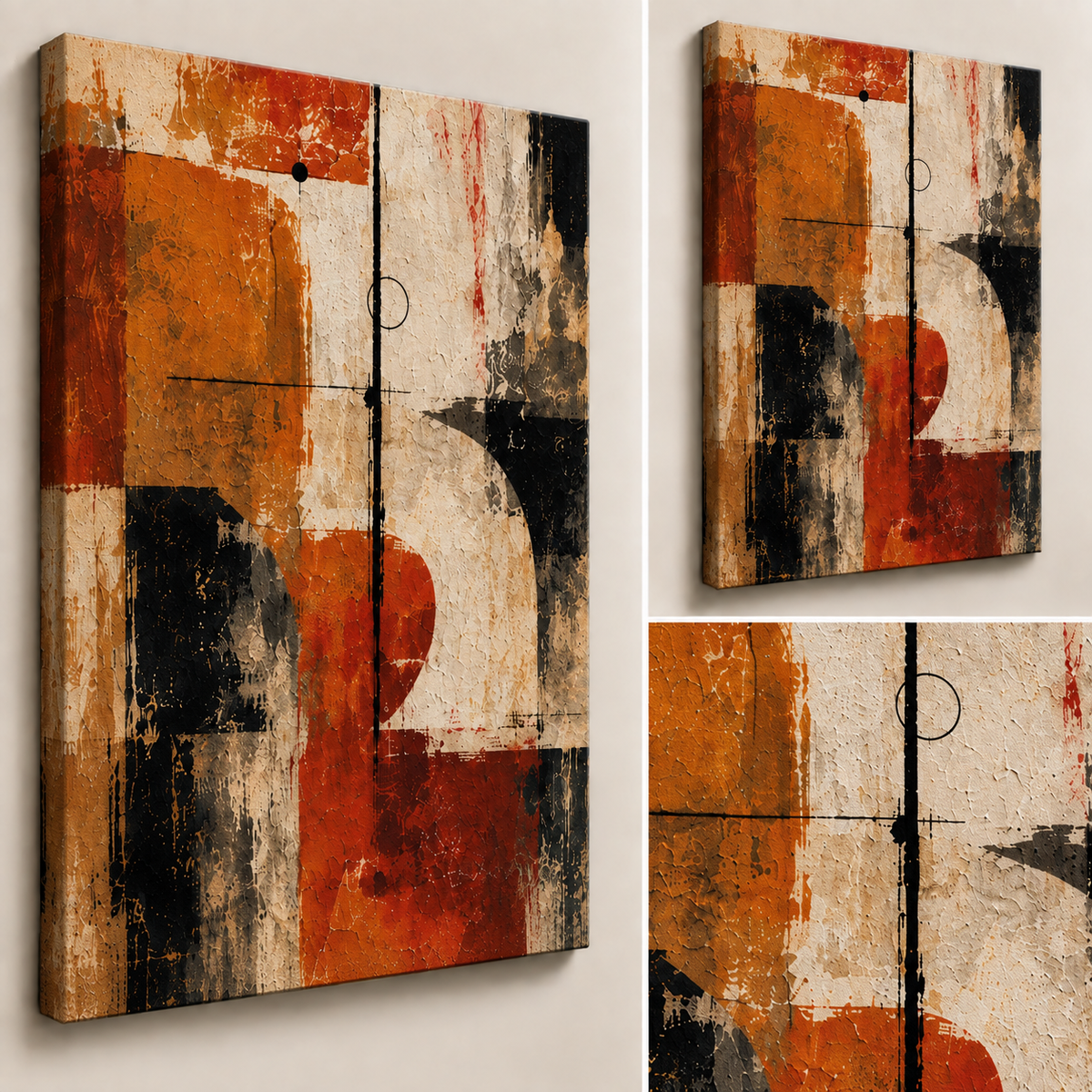 Close-up and angled views of Counterweight showing rust, burnt orange, ivory and black layered painterly texture.