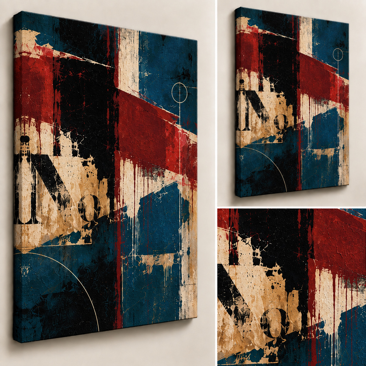 Close-up and angled views of Interference showing layered teal, burgundy, ivory and black painterly texture.