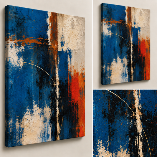 Close-up and angled views of Crosscurrent showing textured cobalt blue, ivory, black and rust painterly layers.