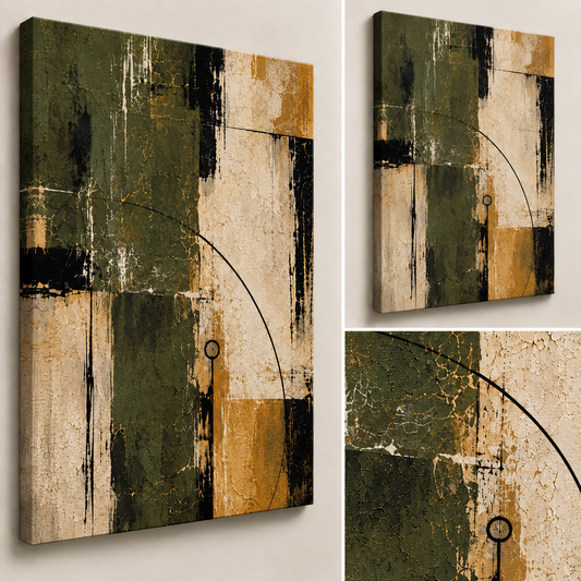 Close-up and angled views of Held Ground showing layered olive, ivory, black and ochre painterly texture.