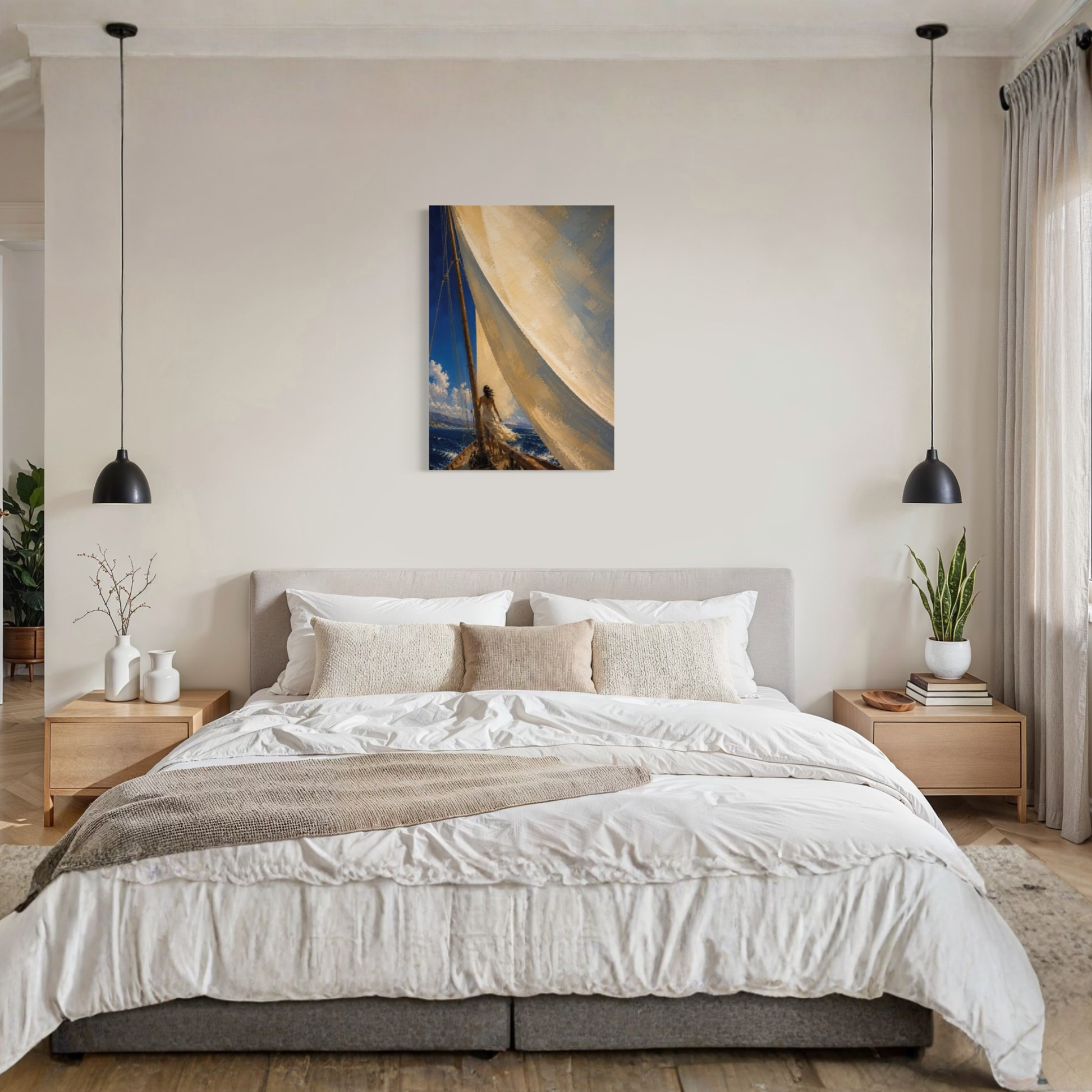 The Sail vertical canvas displayed above a neutral bed in a calm contemporary bedroom.